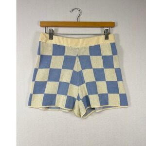 Retro Indie Cousin Couture Womens Medium Blue Cream Checkerboard Knit Shorts